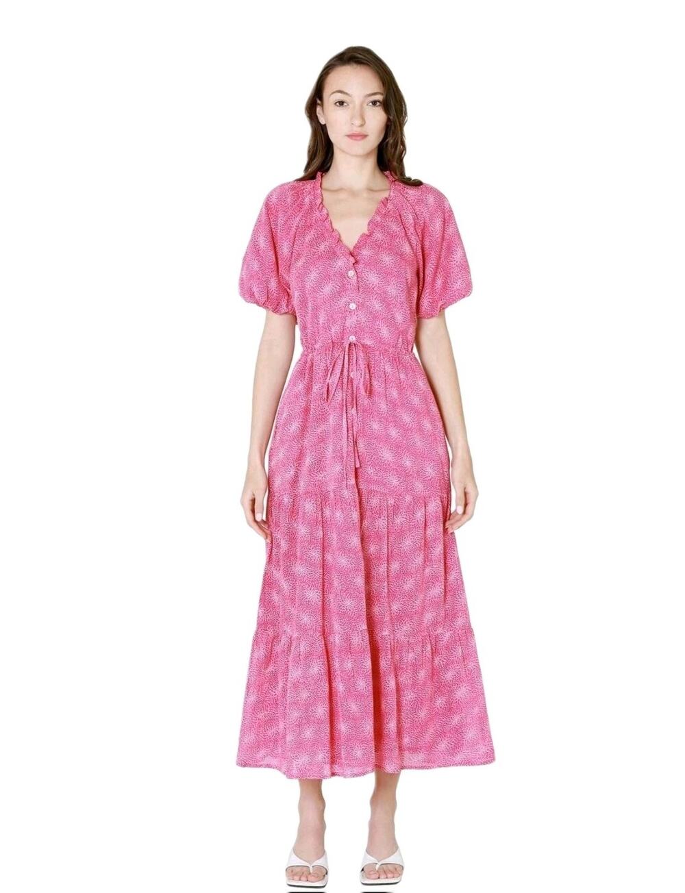 Banjanan Poppy Midi Dress in Petal Power Fuchsia Puff Sleeves Button Front Large